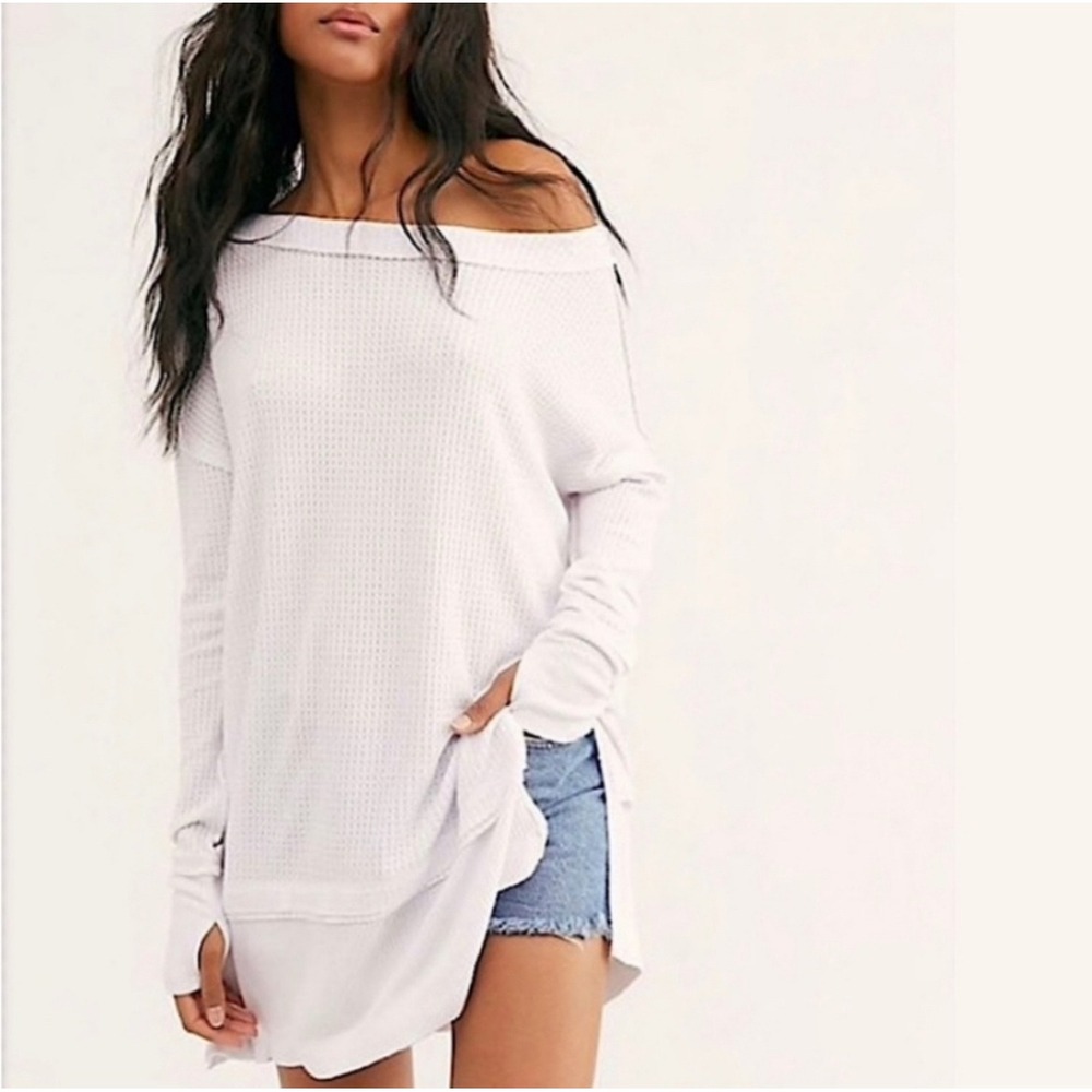 We The Free Free People White Waffle Knit Thermal Tunic Top XS Long Sleeve‎ Boho